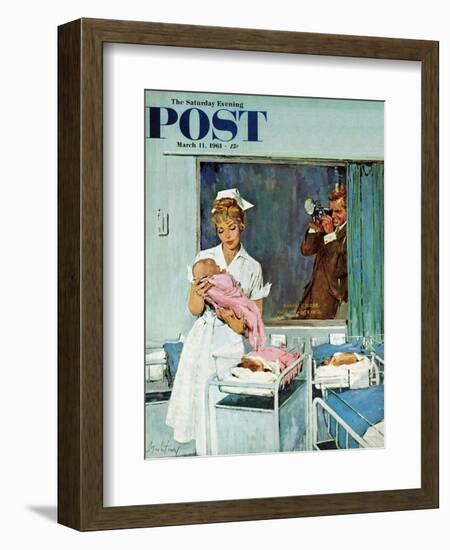 "Father Takes Picture of Baby in Hospital," Saturday Evening Post Cover, March 11, 1961-M. Coburn Whitmore-Framed Giclee Print