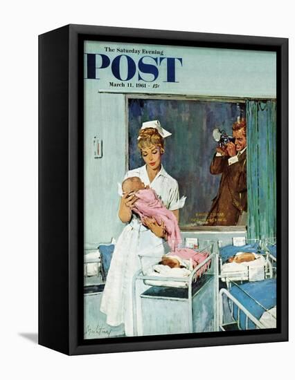 "Father Takes Picture of Baby in Hospital," Saturday Evening Post Cover, March 11, 1961-M. Coburn Whitmore-Framed Premier Image Canvas