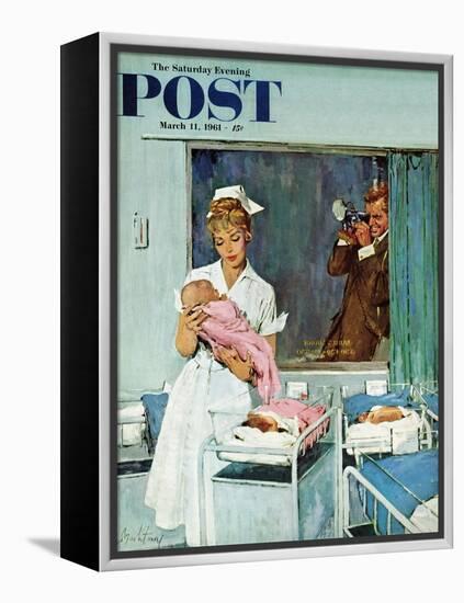 "Father Takes Picture of Baby in Hospital," Saturday Evening Post Cover, March 11, 1961-M. Coburn Whitmore-Framed Premier Image Canvas