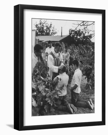 Father Thomas Mccullough Holding Religious Service for Migrant Mexican Farm Laborers in a Work Camp-null-Framed Photographic Print