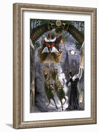Father Time Ringing Bells for the Arrival of Santa Claus in His Sleigh, 1870s-null-Framed Giclee Print