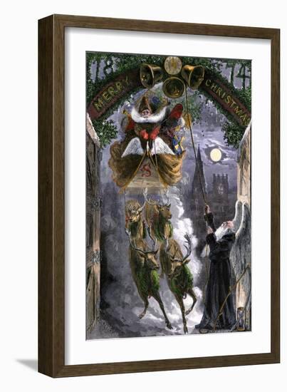 Father Time Ringing Bells for the Arrival of Santa Claus in His Sleigh, 1870s-null-Framed Giclee Print