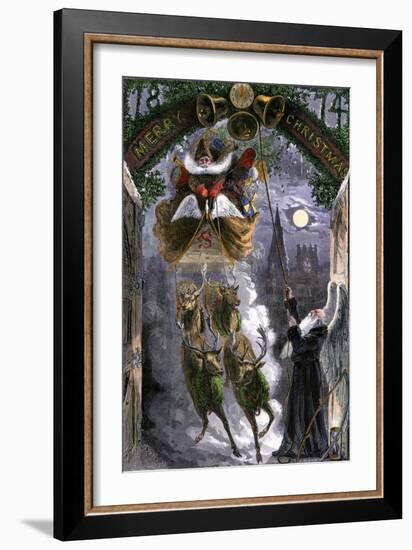 Father Time Ringing Bells for the Arrival of Santa Claus in His Sleigh, 1870s-null-Framed Giclee Print