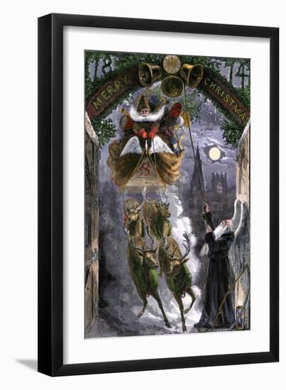 Father Time Ringing Bells for the Arrival of Santa Claus in His Sleigh, 1870s-null-Framed Giclee Print