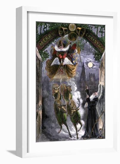 Father Time Ringing Bells for the Arrival of Santa Claus in His Sleigh, 1870s-null-Framed Giclee Print