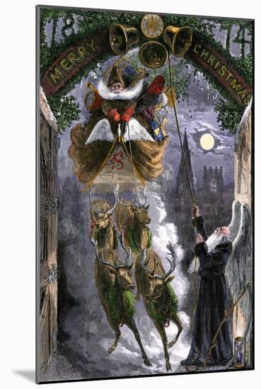 Father Time Ringing Bells for the Arrival of Santa Claus in His Sleigh, 1870s-null-Mounted Giclee Print