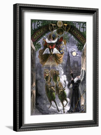 Father Time Ringing Bells for the Arrival of Santa Claus in His Sleigh, 1870s-null-Framed Giclee Print