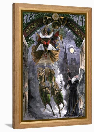 Father Time Ringing Bells for the Arrival of Santa Claus in His Sleigh, 1870s-null-Framed Premier Image Canvas