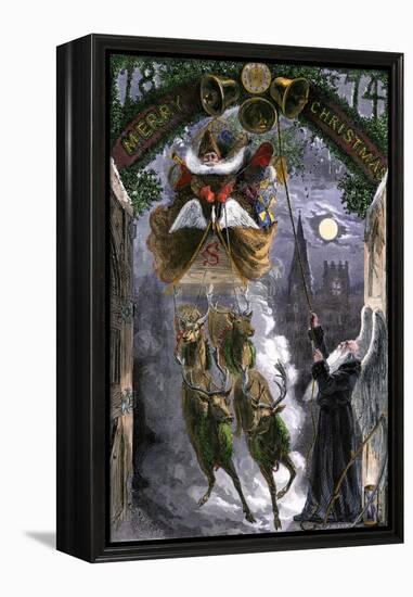 Father Time Ringing Bells for the Arrival of Santa Claus in His Sleigh, 1870s-null-Framed Premier Image Canvas