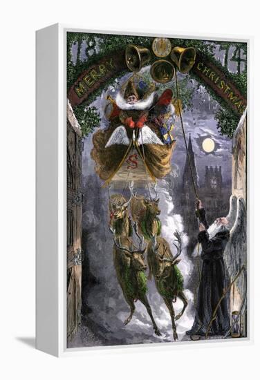 Father Time Ringing Bells for the Arrival of Santa Claus in His Sleigh, 1870s-null-Framed Premier Image Canvas