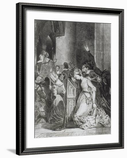 "Faust" de Goethe: Marguerite en prière à l'église avec Méphisto: "Malheureuse..."; 1828-Eugene Delacroix-Framed Giclee Print