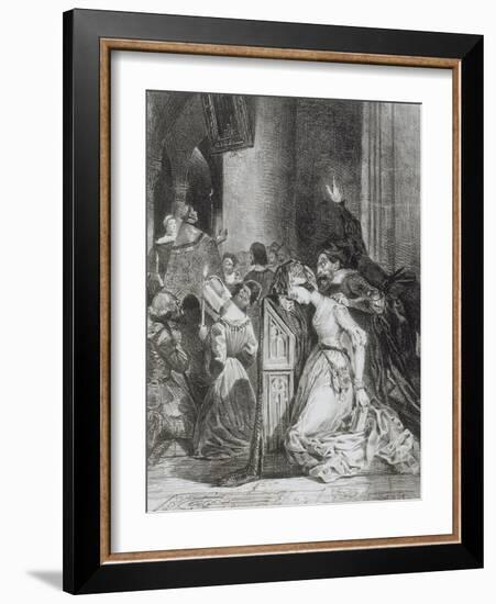 "Faust" de Goethe: Marguerite en prière à l'église avec Méphisto: "Malheureuse..."; 1828-Eugene Delacroix-Framed Giclee Print