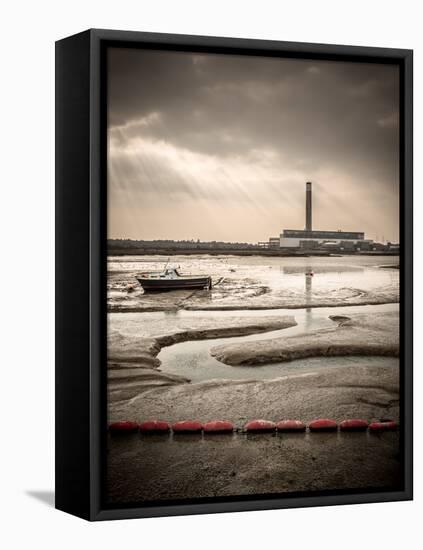 Fawley power station, a boat and a creek meandering through the mudflats all lit by a broken sky, H-Matthew Cattell-Framed Premier Image Canvas