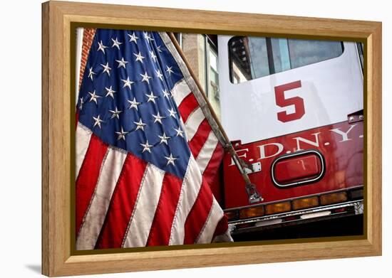 FDNY Truck with American Flag-null-Framed Stretched Canvas