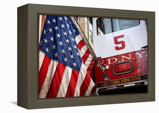 FDNY Truck with American Flag-null-Framed Stretched Canvas