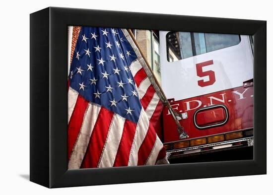 FDNY Truck with American Flag-null-Framed Stretched Canvas