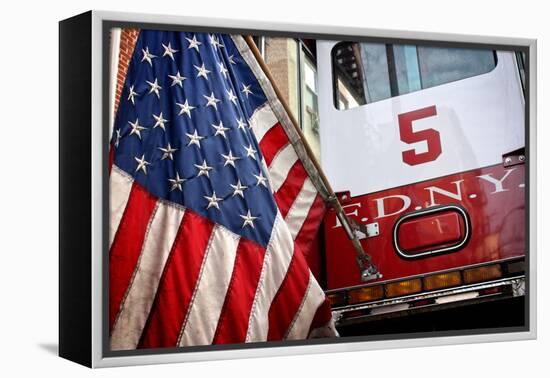 FDNY Truck with American Flag-null-Framed Stretched Canvas