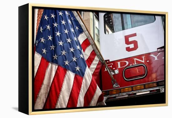 FDNY Truck with American Flag-null-Framed Stretched Canvas