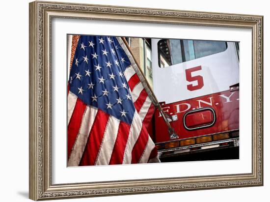 FDNY Truck with American Flag-null-Framed Photo