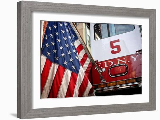 FDNY Truck with American Flag-null-Framed Photo