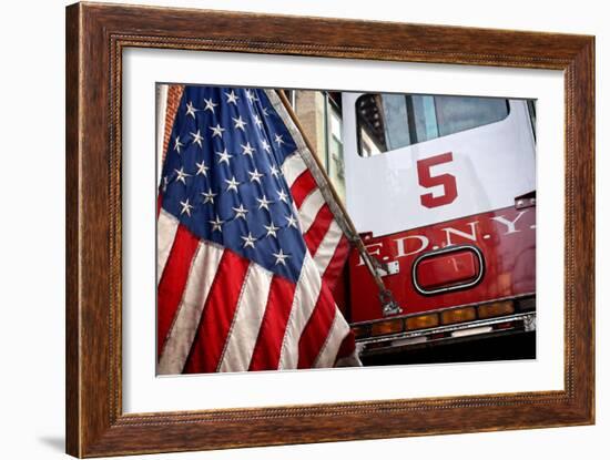 FDNY Truck with American Flag-null-Framed Photo