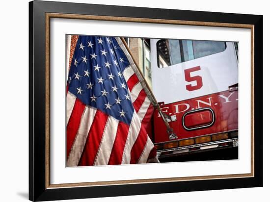 FDNY Truck with American Flag-null-Framed Photo