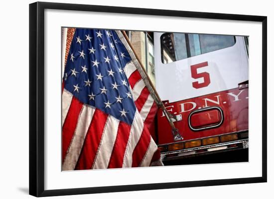 FDNY Truck with American Flag-null-Framed Photo