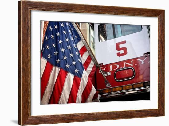 FDNY Truck with American Flag-null-Framed Photo