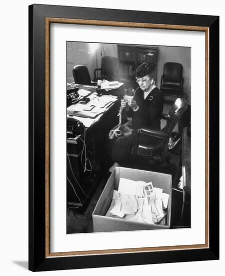 FDR's Secretary of Labor Frances Perkins, Packing Up Souvenirs Including Twine and Box of Letters-Cornell Capa-Framed Photographic Print