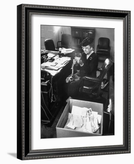 FDR's Secretary of Labor Frances Perkins, Packing Up Souvenirs Including Twine and Box of Letters-Cornell Capa-Framed Photographic Print