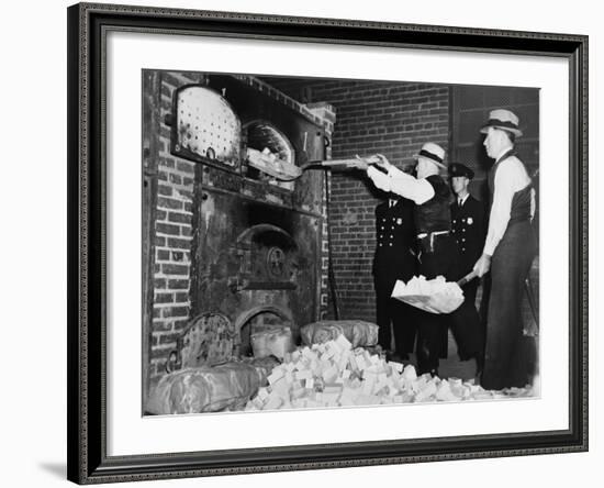 Federal Bureau of Narcotics Agents Shovel Confiscated Heroin Blocks into Incinerator in 1936-null-Framed Photo