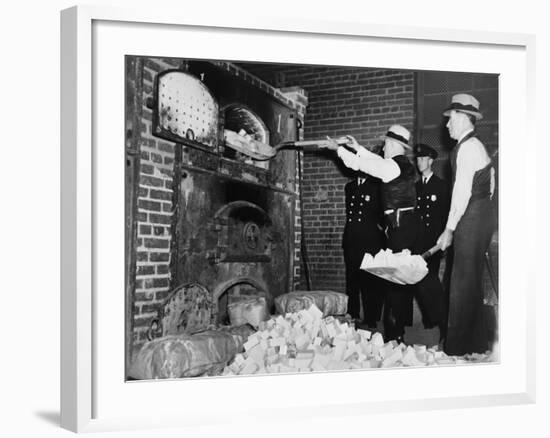 Federal Bureau of Narcotics Agents Shovel Confiscated Heroin Blocks into Incinerator in 1936-null-Framed Photo