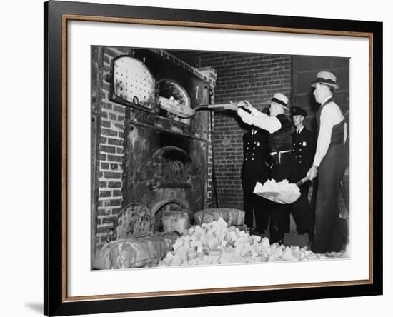 Federal Bureau of Narcotics Agents Shovel Confiscated Heroin Blocks into Incinerator in 1936-null-Framed Photo