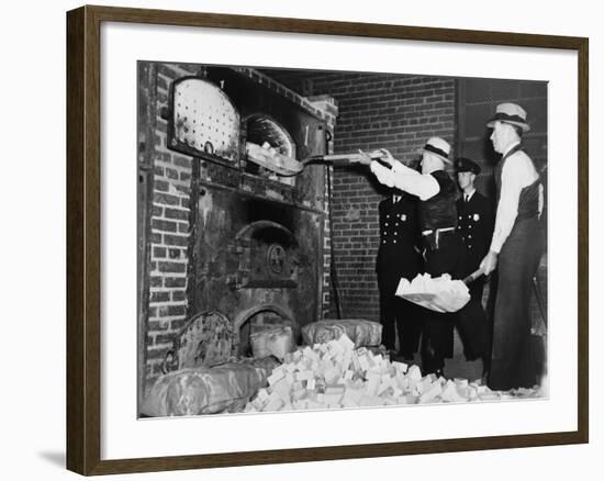 Federal Bureau of Narcotics Agents Shovel Confiscated Heroin Blocks into Incinerator in 1936-null-Framed Photo