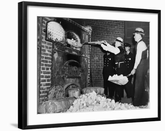 Federal Bureau of Narcotics Agents Shovel Confiscated Heroin Blocks into Incinerator in 1936-null-Framed Photo