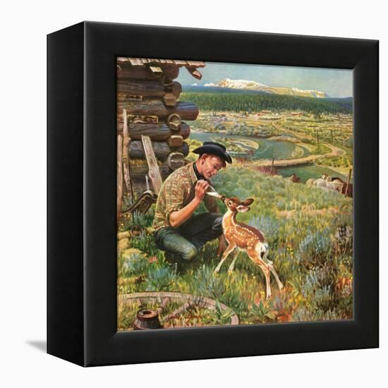 "Feeding Fawn Near Flowering Field", May 27, 1950-John Clymer-Framed Premier Image Canvas