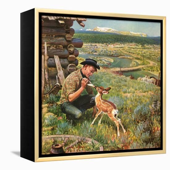 "Feeding Fawn Near Flowering Field", May 27, 1950-John Clymer-Framed Premier Image Canvas