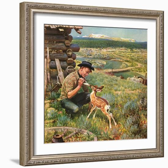 "Feeding Fawn Near Flowering Field", May 27, 1950-John Clymer-Framed Giclee Print