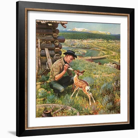 "Feeding Fawn Near Flowering Field", May 27, 1950-John Clymer-Framed Giclee Print