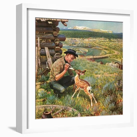 "Feeding Fawn Near Flowering Field", May 27, 1950-John Clymer-Framed Giclee Print