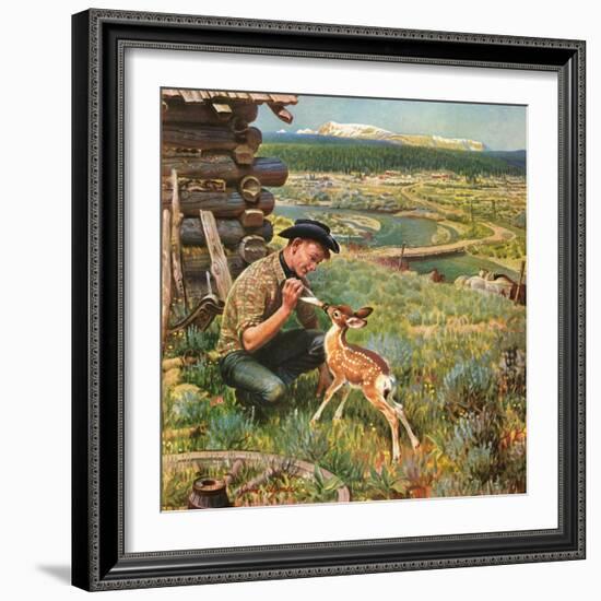 "Feeding Fawn Near Flowering Field", May 27, 1950-John Clymer-Framed Giclee Print