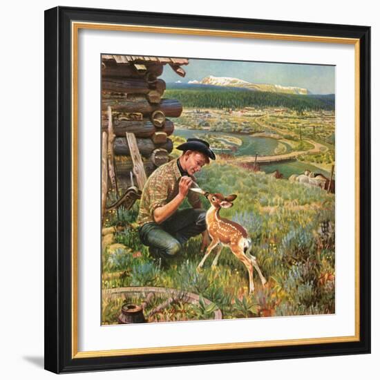 "Feeding Fawn Near Flowering Field", May 27, 1950-John Clymer-Framed Giclee Print