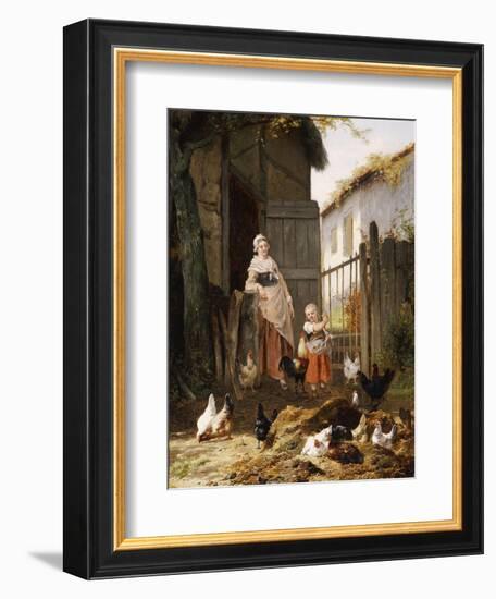 Feeding the Chickens, (Maes and Jan David Col, 1822-1900)-Eugene Remy Maes-Framed Giclee Print