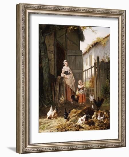 Feeding the Chickens, (Maes and Jan David Col, 1822-1900)-Eugene Remy Maes-Framed Giclee Print