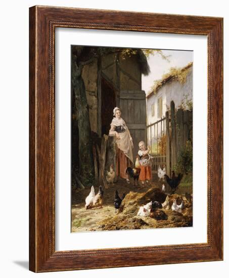 Feeding the Chickens, (Maes and Jan David Col, 1822-1900)-Eugene Remy Maes-Framed Giclee Print