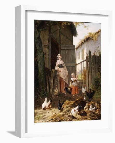 Feeding the Chickens, (Maes and Jan David Col, 1822-1900)-Eugene Remy Maes-Framed Giclee Print