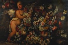 Flowers in and around a Basket with a Winged Putto Making a Garland-Felice Fortunato Biggi-Framed Giclee Print