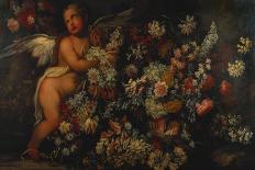 Flowers in and around a Basket with a Winged Putto Making a Garland-Felice Fortunato Biggi-Framed Giclee Print