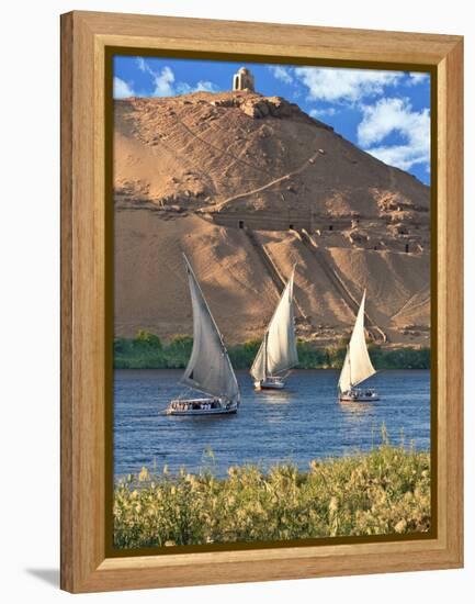 Felucca Sailboats, Temple Ruins and the Large Sand Dunes of the Sahara Desert, Aswan, Egypt-Miva Stock-Framed Premier Image Canvas