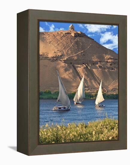 Felucca Sailboats, Temple Ruins and the Large Sand Dunes of the Sahara Desert, Aswan, Egypt-Miva Stock-Framed Premier Image Canvas